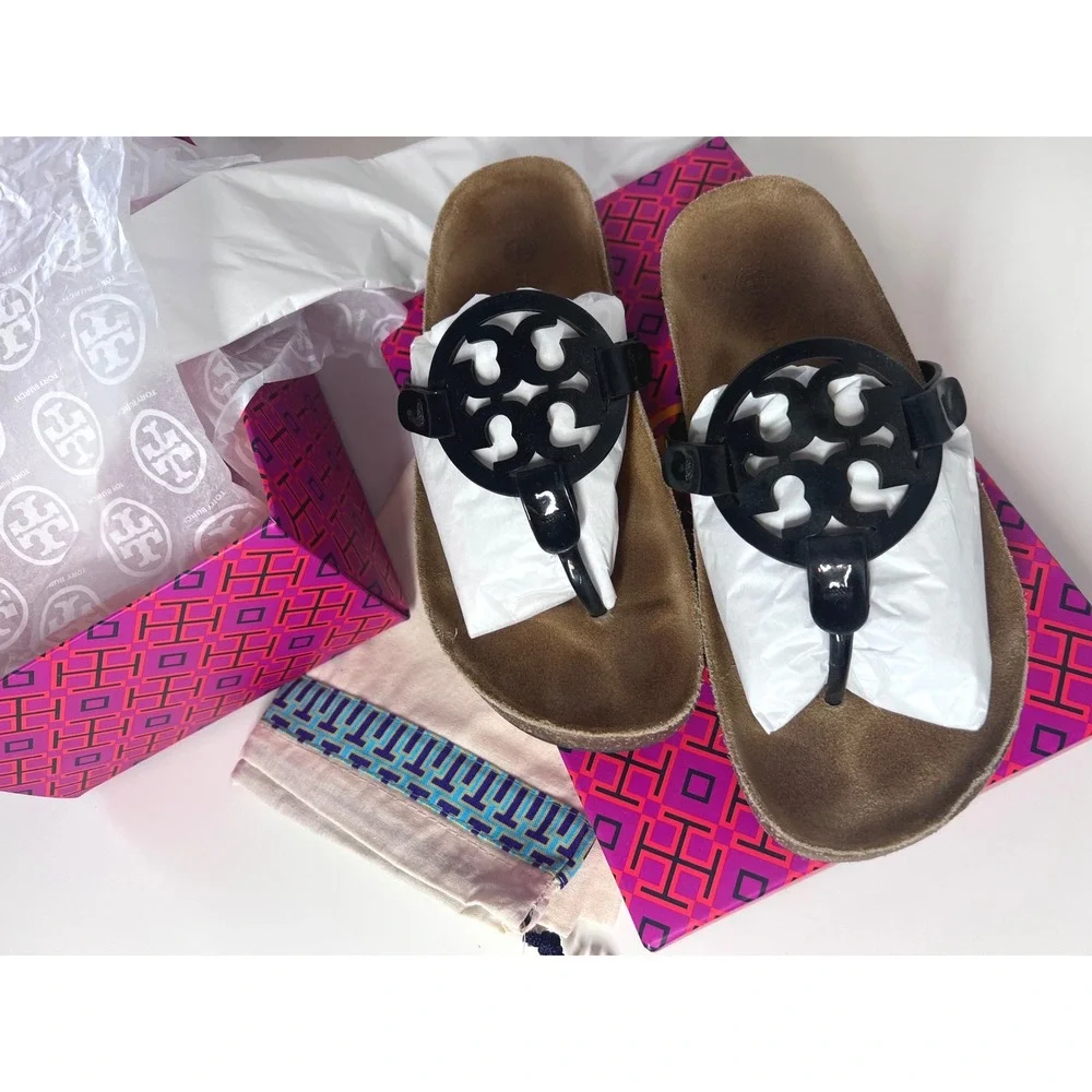 Tory Burch Miller Cloud Sandals Black Patent Leather Cork Size 6.5‎